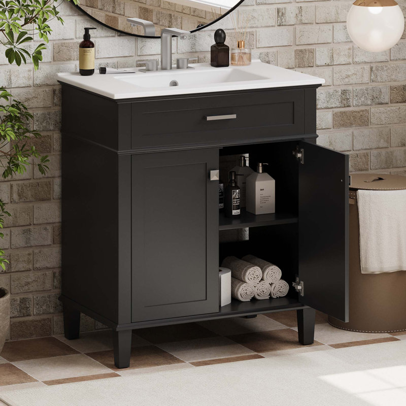 Meuble-lavabo de 30 po avec lavabo en céramique, porte à fermeture en douceur et tablettes réglables, Noir, noir, noir, noir