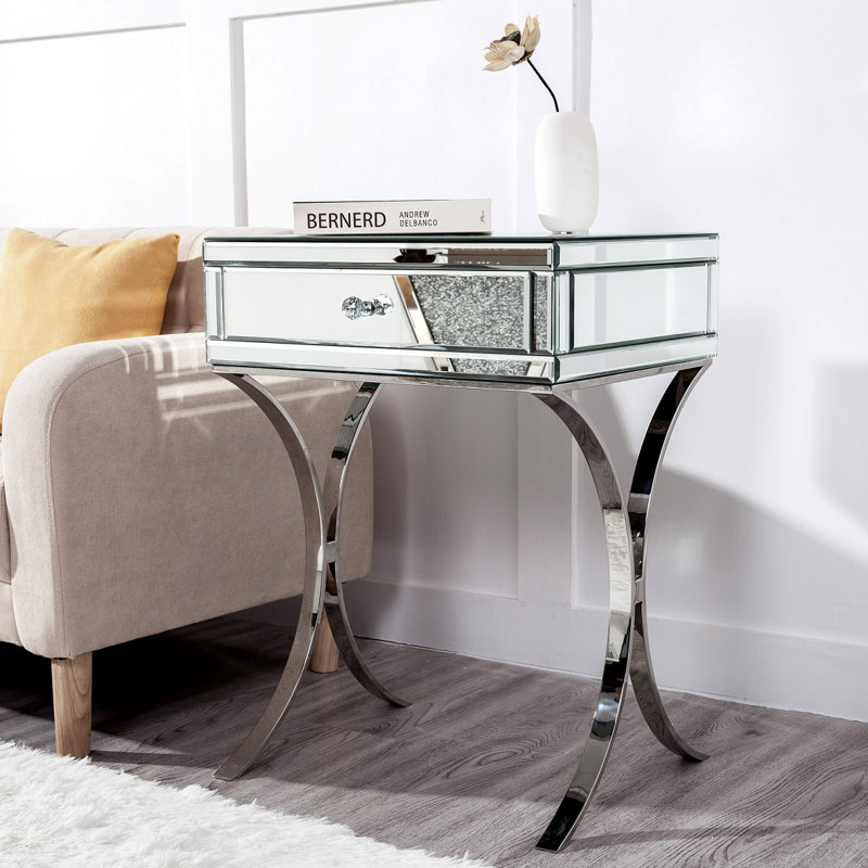 Shilah Glass Side Table Mirrored Nightstand with Storage