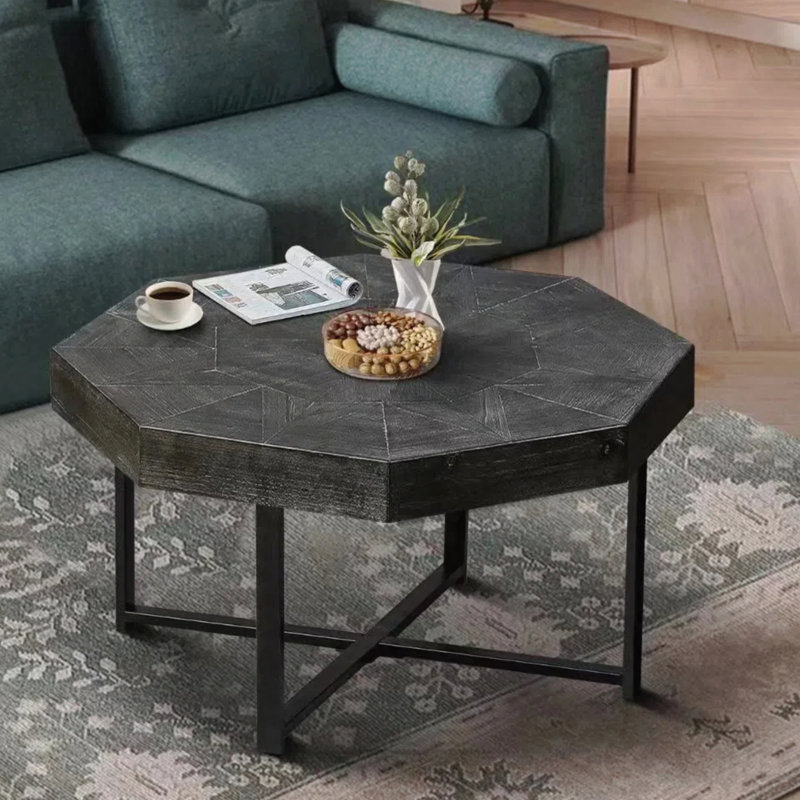 Table de salon octogonale en bois avec pieds en métal noir antique, table basse en bois rétro élégante, base, Antique Black