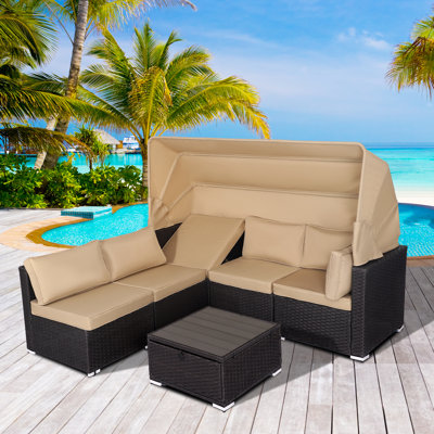 6 Pieces Wicker Outdoor Sectional Sofa Set with Retractable Canopy and Storage Table -  Latitude RunÂ®, FF2151F258774DF89348BE19803DDA71