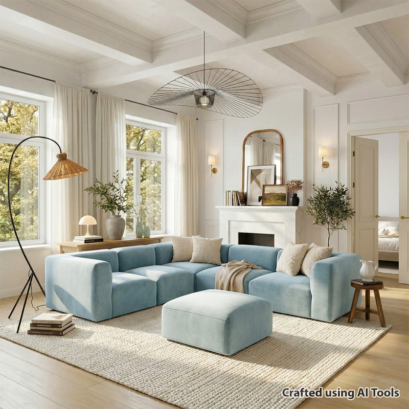 Canapé modulaire moderne avec repose-pieds en velours de performance en forme de L avec sièges profonds 6 pièces Modern