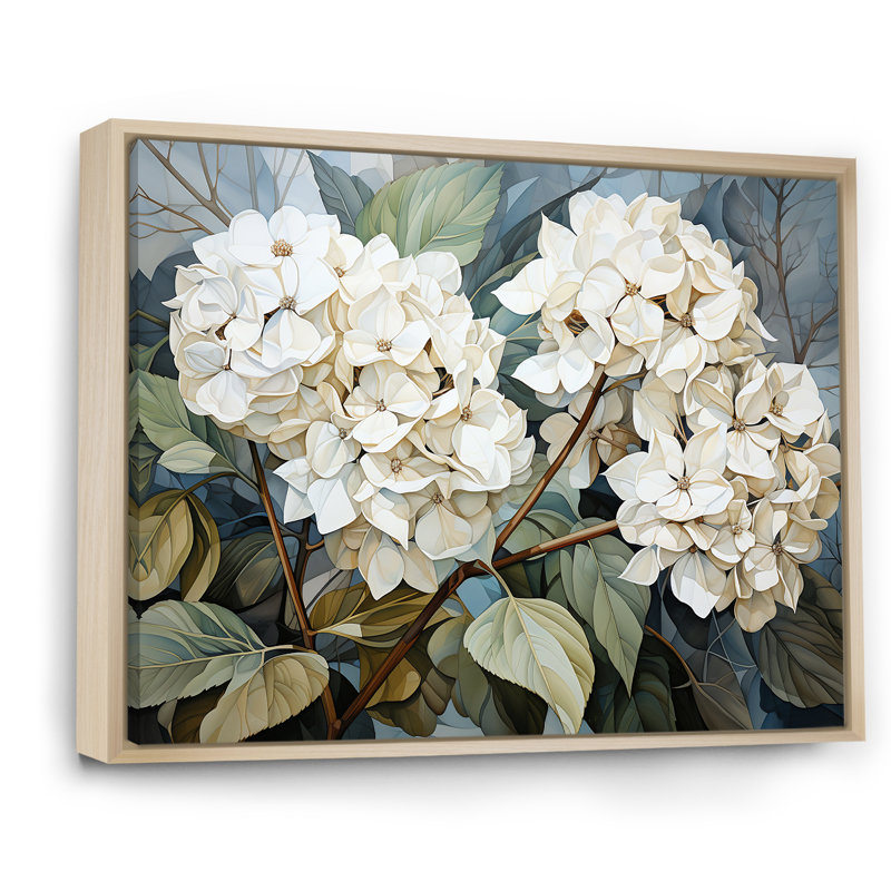 «Cubist Hydrangea L'interpretation» - art mural hortensia, Cadre naturel flottant, H 16 po x l 32 po x P 1 po