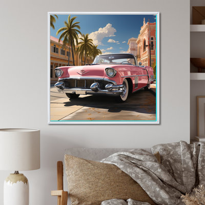 Voiture rétro classique rétro sur toile rose