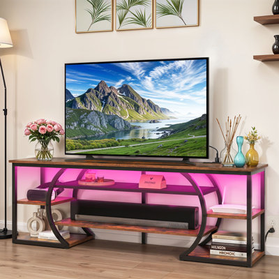 Meuble télé de 63 po de style industriel, console de télévision à tablettes ouvertes, canter multimédia avec prise de courant et téléviseur à bande DEL jusqu'à 70 po