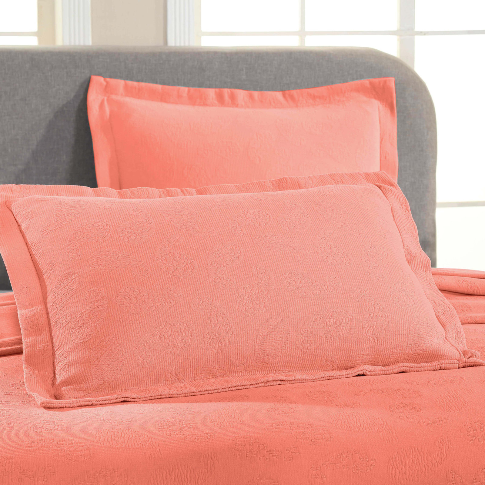 Cotton Bedspread Set, Twin Coverlet + 1 Standard Sham, Coral