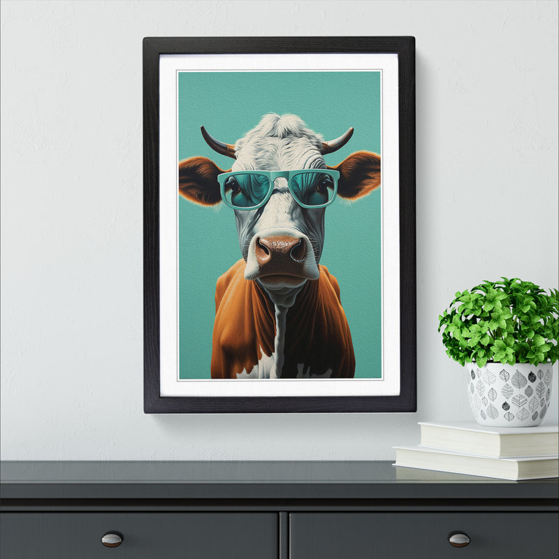 Cow With Glasses Painting Framed Print, 64cm H x 46cm W, Black Framed