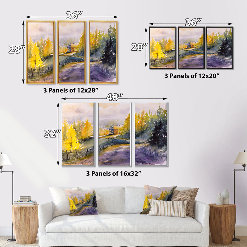 Paysage avec arbres jaunes, oranges et verts - ensemble d'art mural sur toile traditionnel encadré de 3, Blanc