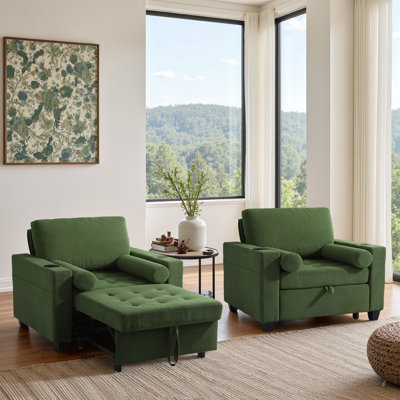 Convertible Green Corduroy Tufted Sofa Bed Chair 3-In-1 Pull Out Multi-Functional Sleeper Single Chair Bed With 2 Soft Pillows, USB Outlet and  Cup Holder