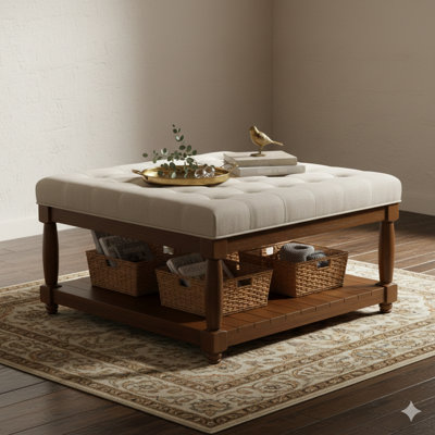 Large Square Upholstered Tufted Linen Ottoman Coffee Table, Large Footrest Ottoman With Solid Wood Shelf- Ivory
