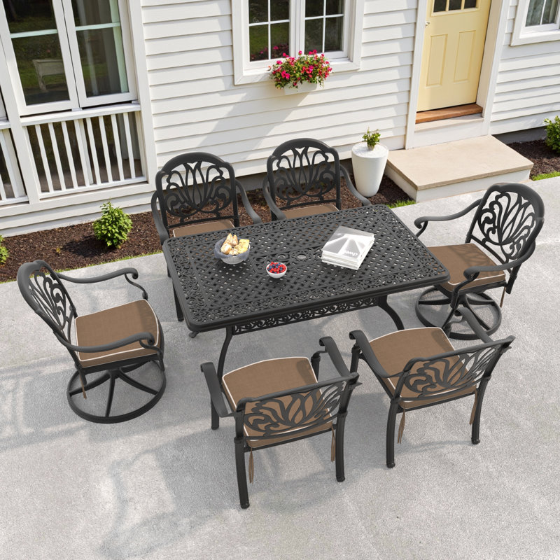 Ensemble repas pour 6 personnes rectangulaire en fonte d'aluminium avec 2 chaises pivotantes, coussins et trou pour parasol