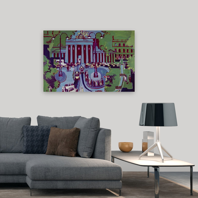 La porte de Brandebourg, Berlin, 1929. Estampe murale d'architecture urbaine contemporaine expressionniste., 32" H x 48" W