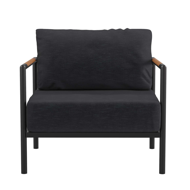 Annegriet Aluminum Frame Patio Chair with Teak Arm Accents and Plush Cushions, Black
