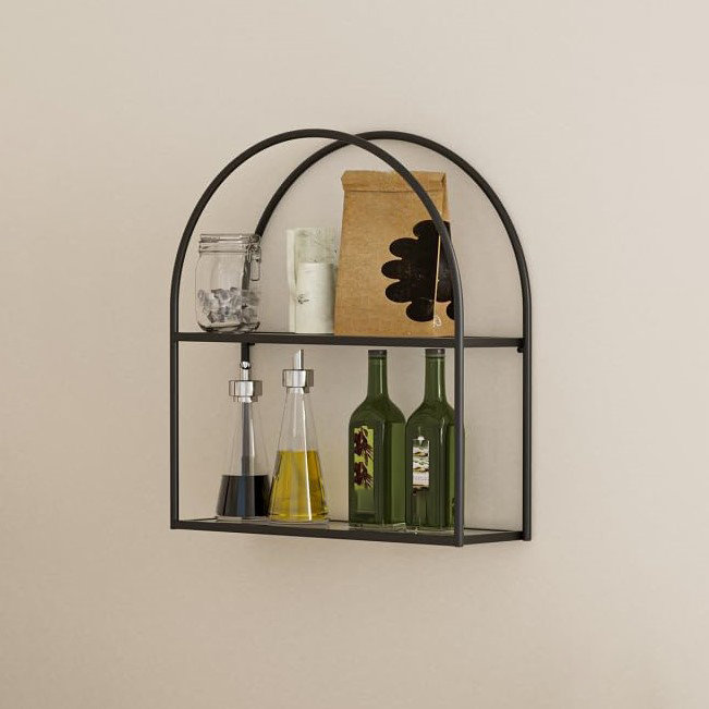 2-Tier Wall Mounted Shelf Arched Frame Shelf with Transparent Tempered Glass, Black