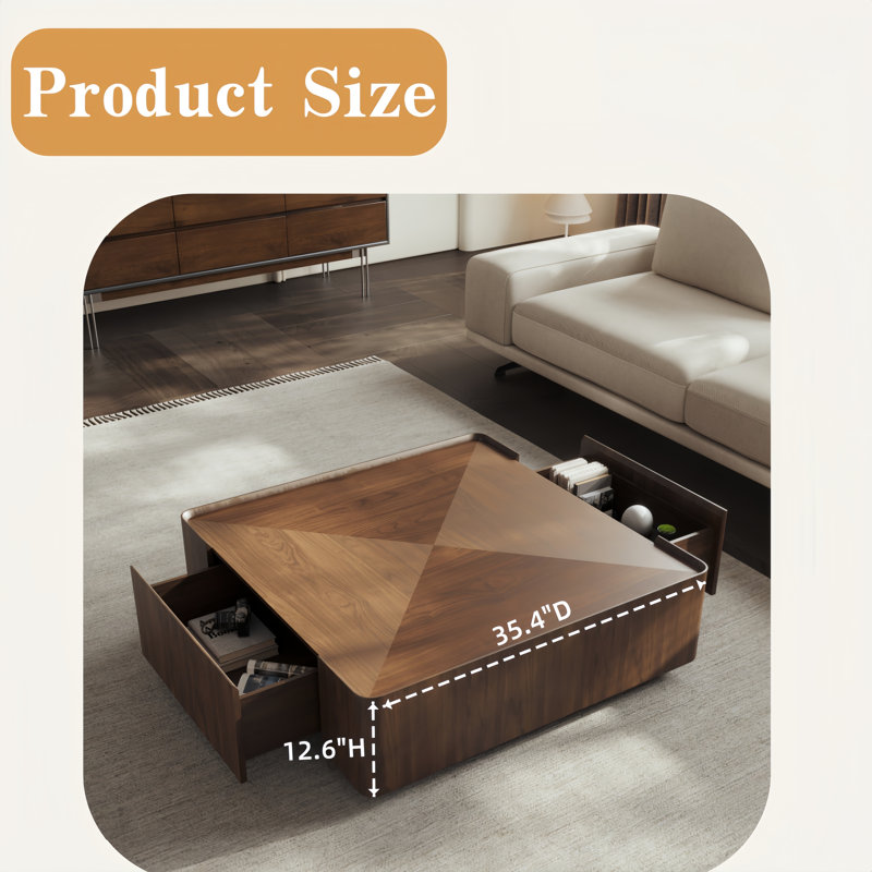 35.4” Single Walnut Square Coffee Table With Storage, 12.6”H x 35.4”W x 35.4”D