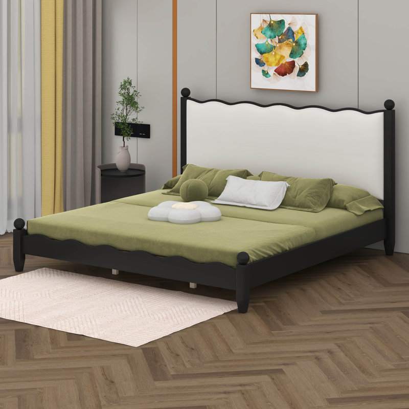 Lit plateforme avec tête de lit tapissier, cadre de lit plateforme en bois massif avec support en lattes de bois, King