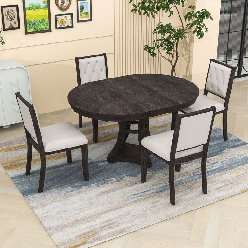Ensemble de table de salle à manger 5 pièces, table extensible en bois avec rallonge amovible et chaises rembourrées