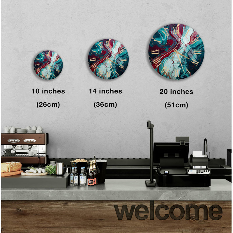 Horloge murale en marbre - Silencieux, verre trempé, motif abstrait, Moyen: 15 po