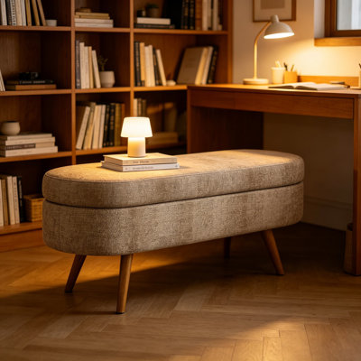 Banc de rangement ovale de 43,5 pouces pour l'entrée, repose-pieds revêtu de lin avec pieds en bois massif et charnière de sécurité, banc de bout moderne pour le couloir, la chambre à coucher et le salon