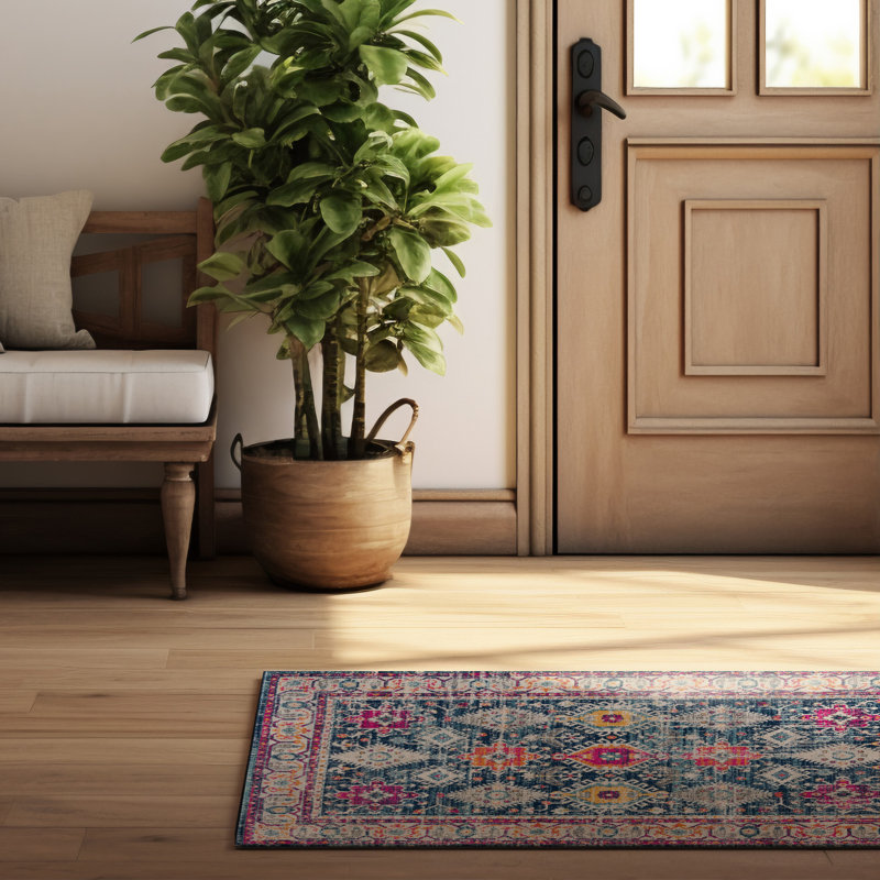 Tapis bleu marine à motif abstrait Kymiere, Tapis de couloir 2 pi 3 po x 10 pi