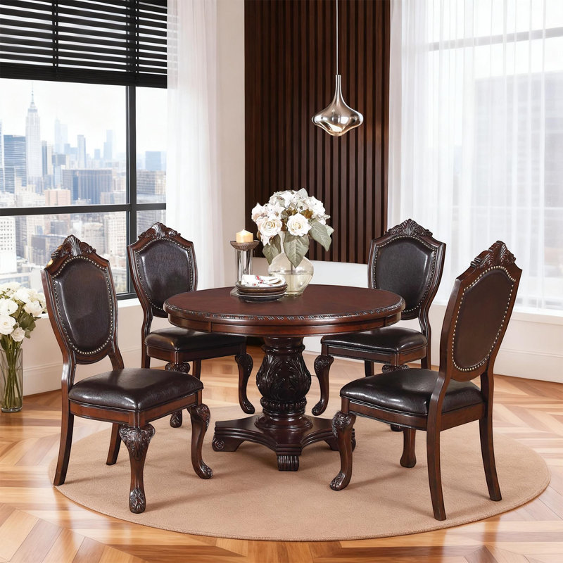Traditional 48 Inch Round Dining Table With Carved Pedestal Base, Rubber Wood Construction