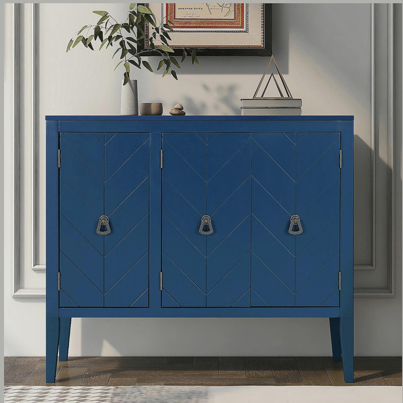 Adjustable Shelf Storage Sideboard with 3 Retro Metal Handles and 4 Pinewood Legs, Navy Blue