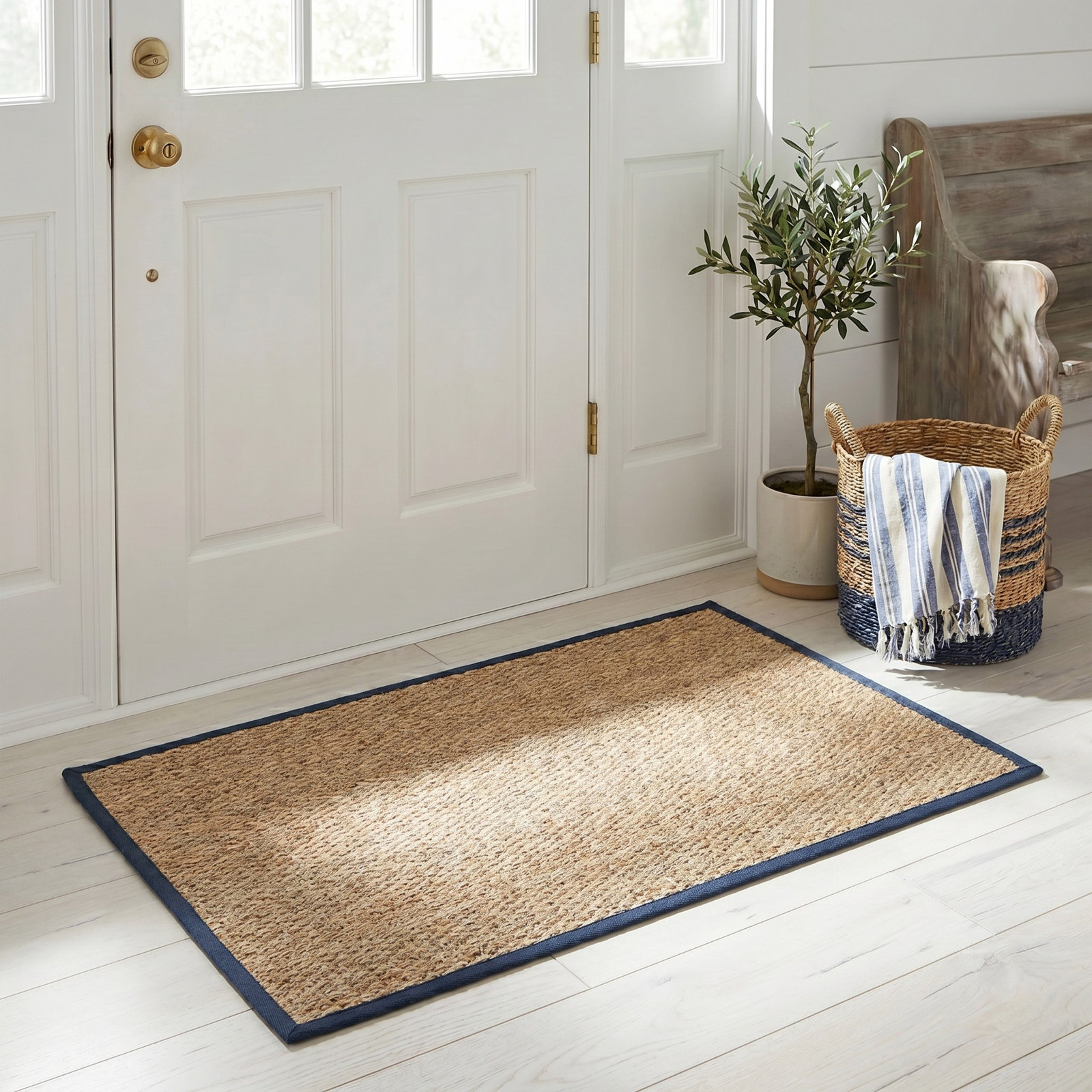 Auckland Natural/Blue Area Rug, Rectangle 2'6" x 4'