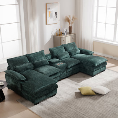 Modern Sofa U-Shaped Sofa With Console,Cupholders And USB Ports,6-Seat Upholstered Symmetrical Indoor Furniture,Sleeper Couch Set With Chaise  ,Apartment,