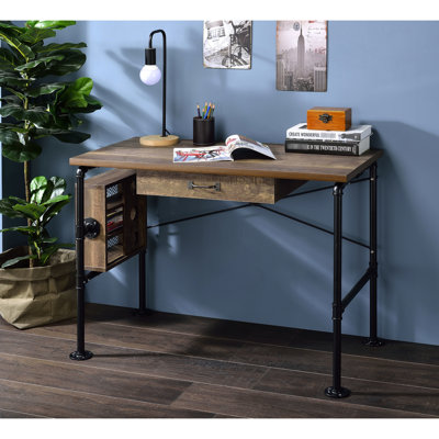 Writing Table With Weathered Oak Texture And Black, 1 Drawer 3 Tier Shelf Rectangular Desk Veneer