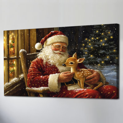 Grand père Noël et renne, art mural sur toile de Noël, peinture rétro de scène d'hiver, affiche sur toile festive, œuvre d'art de vacances pour décoration murale de salon ou de chambre à coucher, 24 po x 48 po