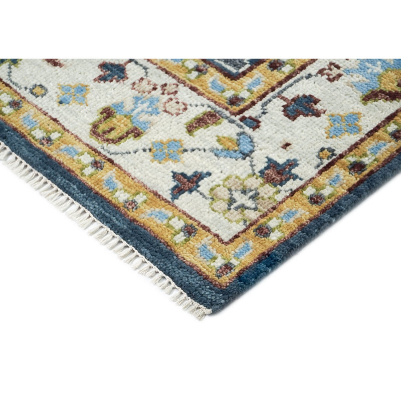 Tapis transitionnel bleu en laine noué à la main 8 pi 10 po x 12 po Oushak