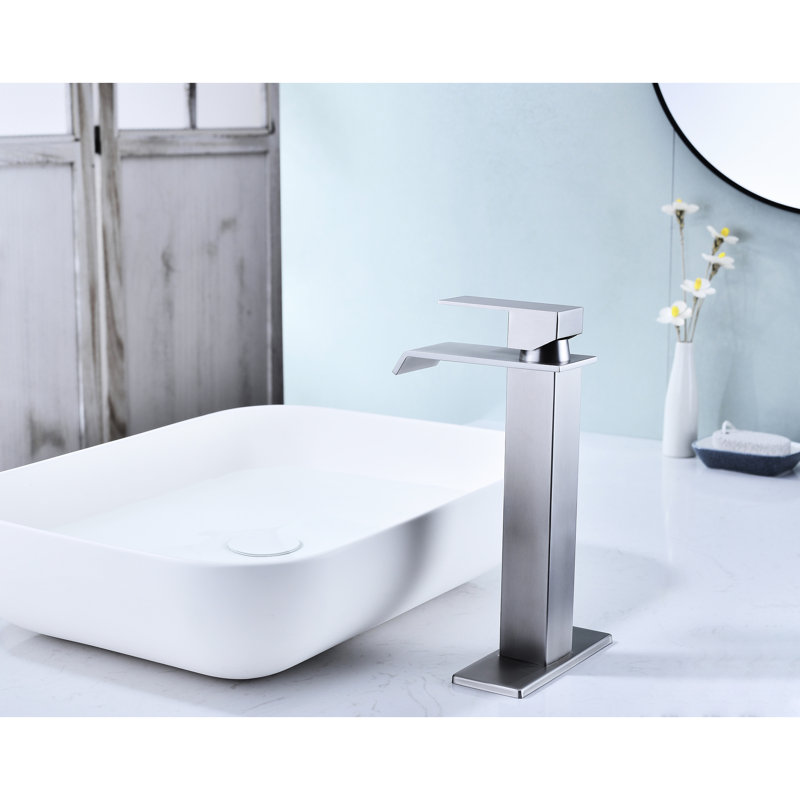 Waterfall Spout Single Handle Faucet For Bathroom Sink, Pop - Up Drain  No Overflow , Brushed Nickel Stainless Steel, Smooth And Stable Water, Precise Water Flow Temperature Setting, Rust Coating,