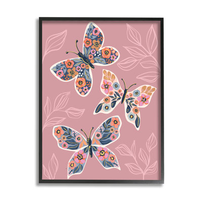 Chic, papillon, aile de papillon, feuilles de plantes roses - impression