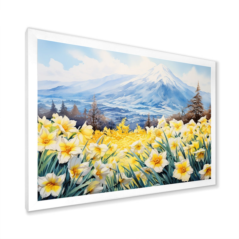 Daffodils Charm in Mountain - Imprimé, Cadre simple blanc, H 30 po x l 40 po x P 1,5 po