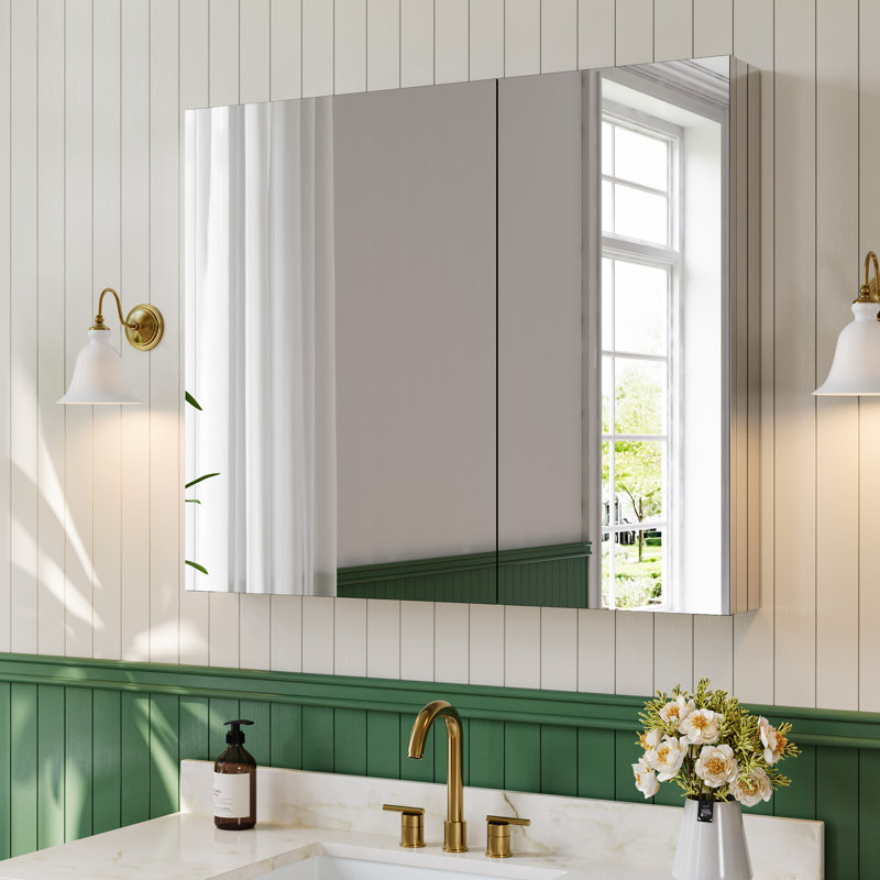 Miroir de pharmacie encastré ou mural sans cadre avec tablettes en verre réglables, H 30 po x l 36 po x P 4,82 po