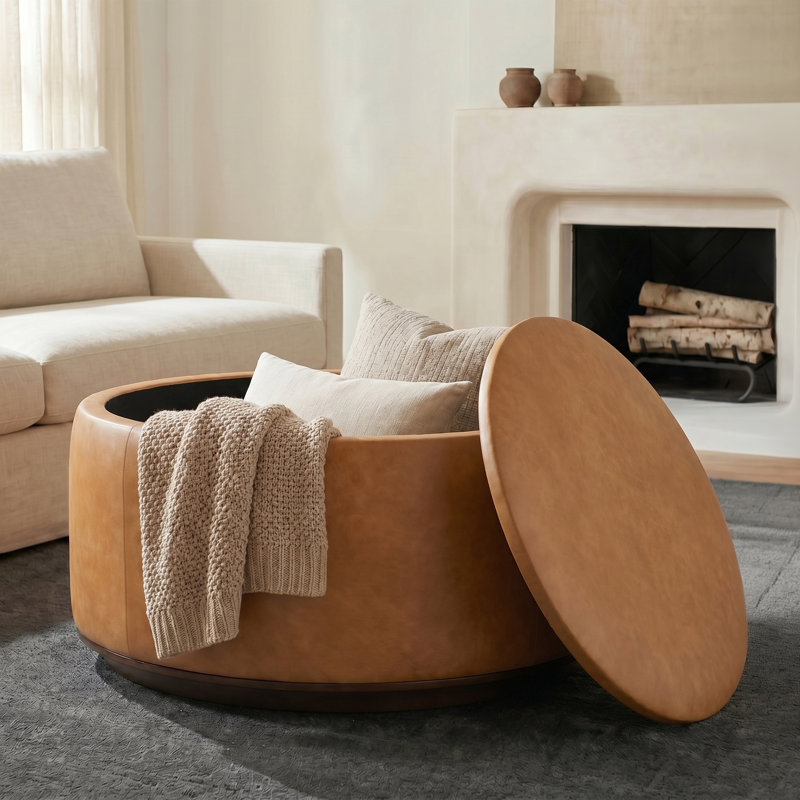 Repose-pieds en cuir véritable italien Herve, Cuir véritable brun clair cognac