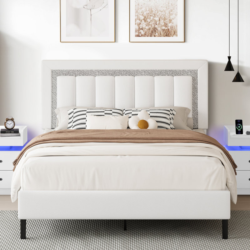 Ensemble de lit plateforme tapissier Diamond, Complète, Blanc