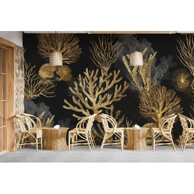 Adhésif mural restaurant aquarelle or corail - autocollant mural corail peler sous l'eau, poisson, chambre d'enfant ou chambre d'enfant (Peel-N-Stick) 