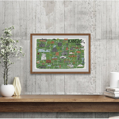 Carte illustrée des attraits du Kansas - Reproduction d'art graphique sur papier encadré