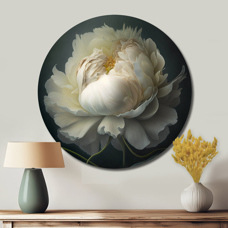 Pivoine blanche sur fond noir I - Art floral rond en métal, H 23 po x l 23 po