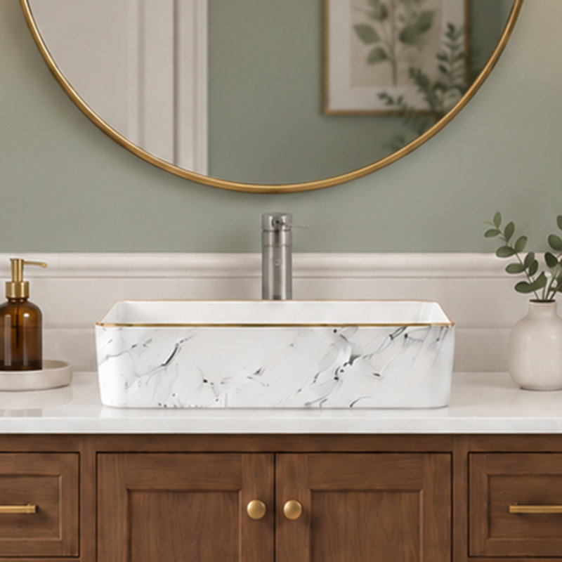 18.9" W x 14.56" D Rectangular Ceramic Vessel Bathroom Sink, White Marble-Look Above-Counter Sink with Gold Trim, 1.75" Standard Drain Opening