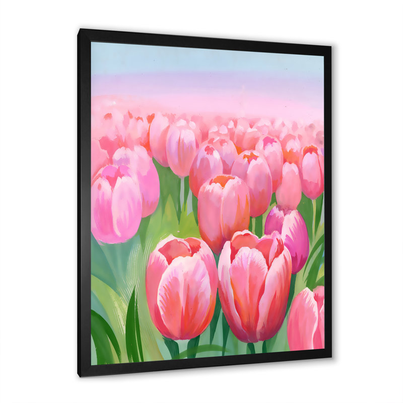 Field of Pink Tulips - Photographie de cadre photo sur toile, H 32 po x l 16 po x P 1 po, Cadre noir