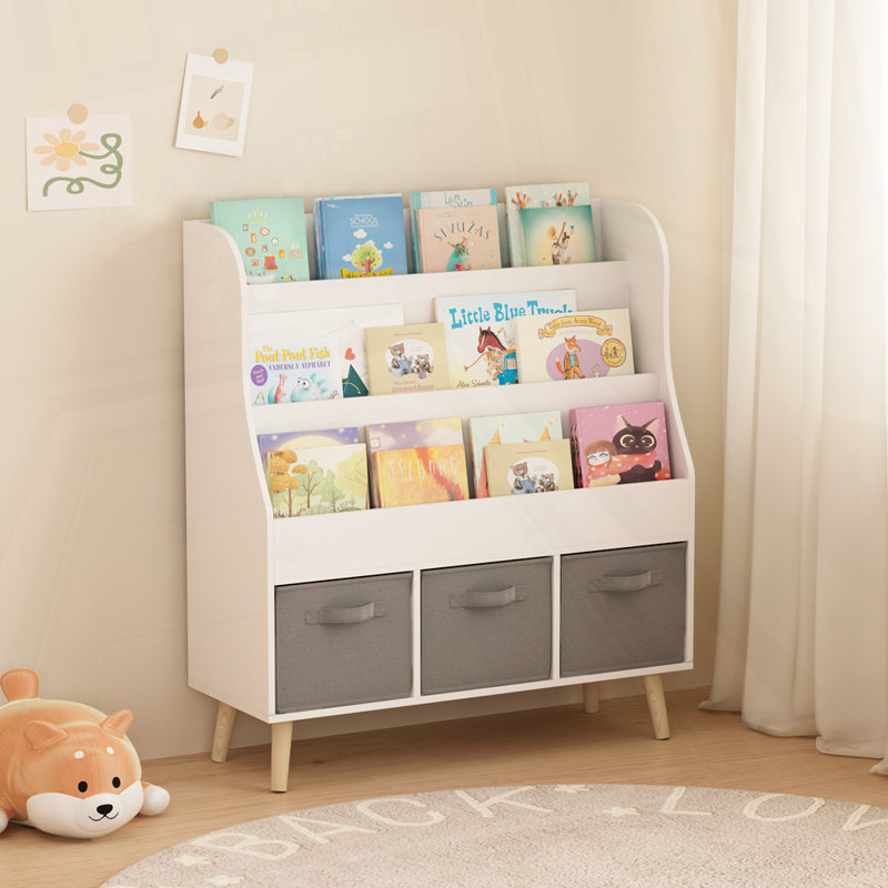 Bibliothèque avec 3 bacs de rangement en tissu