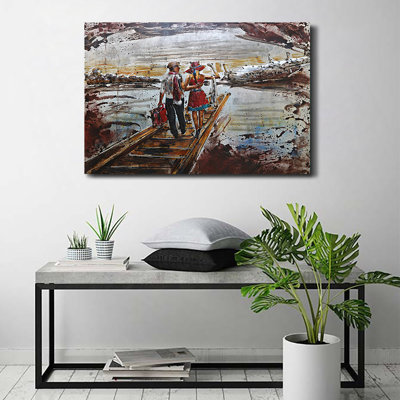 Romance, couple romantique, marche, pont, promenade, lac, étang, scène, 3D, art mural, peinture, technique mixte