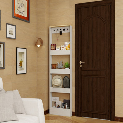 Behind The Door 69" Tall Bookcase with 4 Shelves and 5 hooks, Space-Saving Narrow storage cabinet for Living Room, Study Room, Kitchen, Corridor