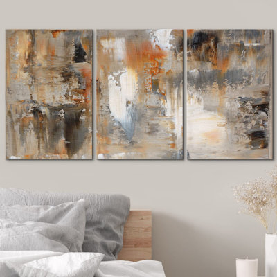Grunge Abstract Paint Stroke Effect " Black, White And Orange Brushstrokes Chic " 3 - Pieces