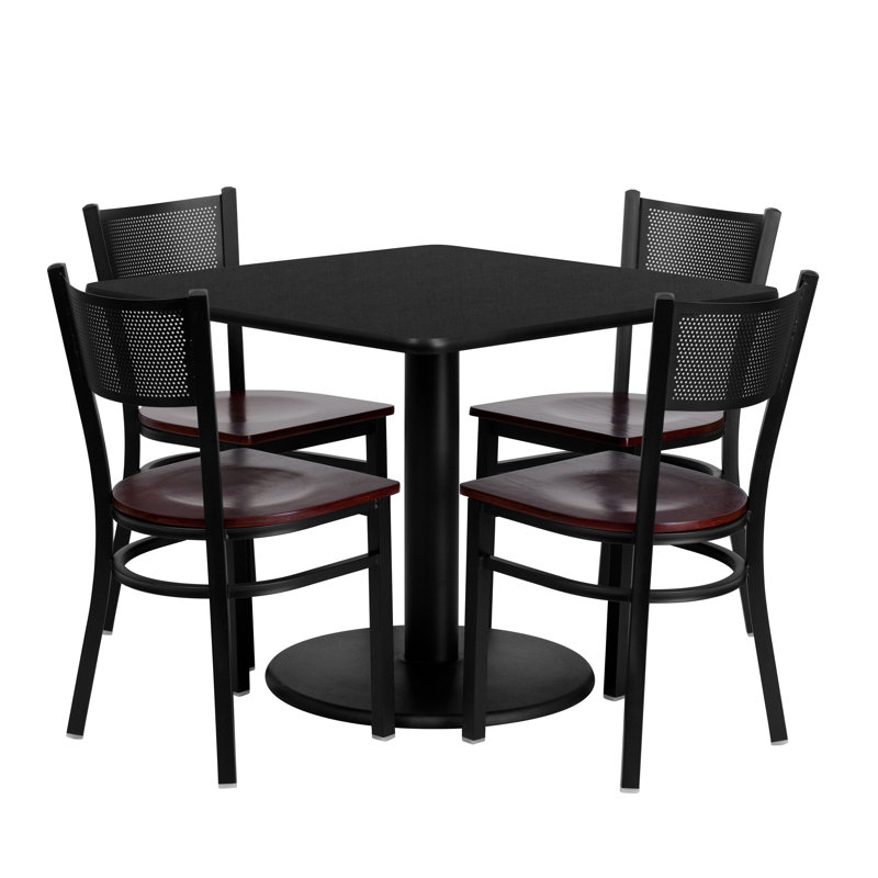 Ensemble de table carrée en stratifié 36 po avec 4 chaises en métal - siège en bois d'acajou