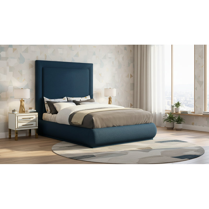 Prudhoe Upholstered Platform Bed, King, Navy Linen Textured Fabric