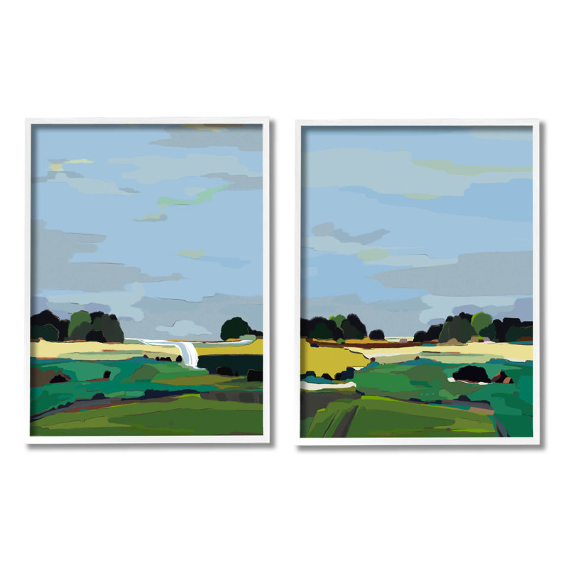 Paysage champêtre abstrait de campagne par Nikita Jariwala - Ensemble de 2 peintures sur bois, H 20 po x l 32 po x P 1,5 po