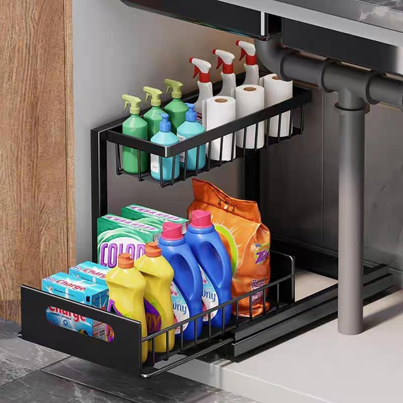 Ensemble de 1 rangement sous le lavabo à 2 niveaux pour tablettes de rangement pour la cuisine et la salle de bain, noir