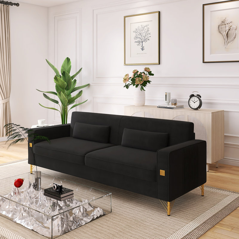 Canapé 85,63 po style Mid-Century moderne avec coussins moelleux et pieds en métal, Noir